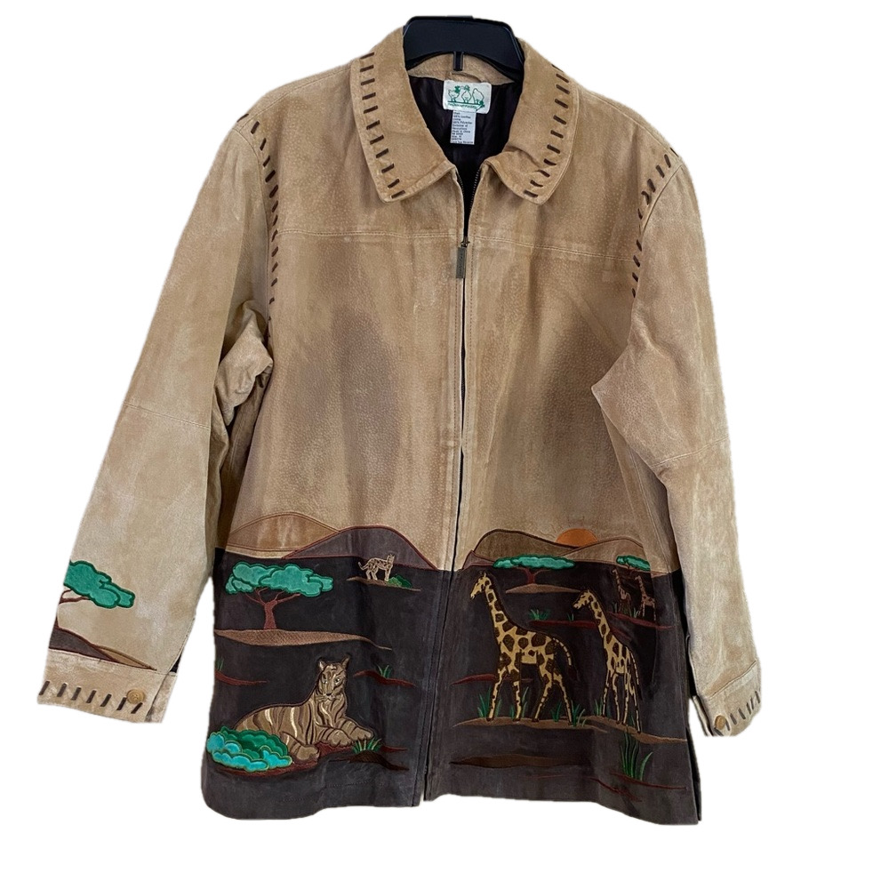 Quacker Factory‎ Vintage Size 1X Safari Theme Suede Leather Jacket Tan Brown